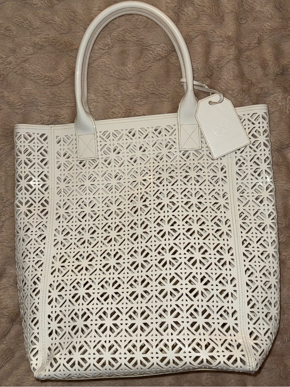 Tory Burch White Laser Cut Leather Tote | Coastal Cape Cod Beach Chic